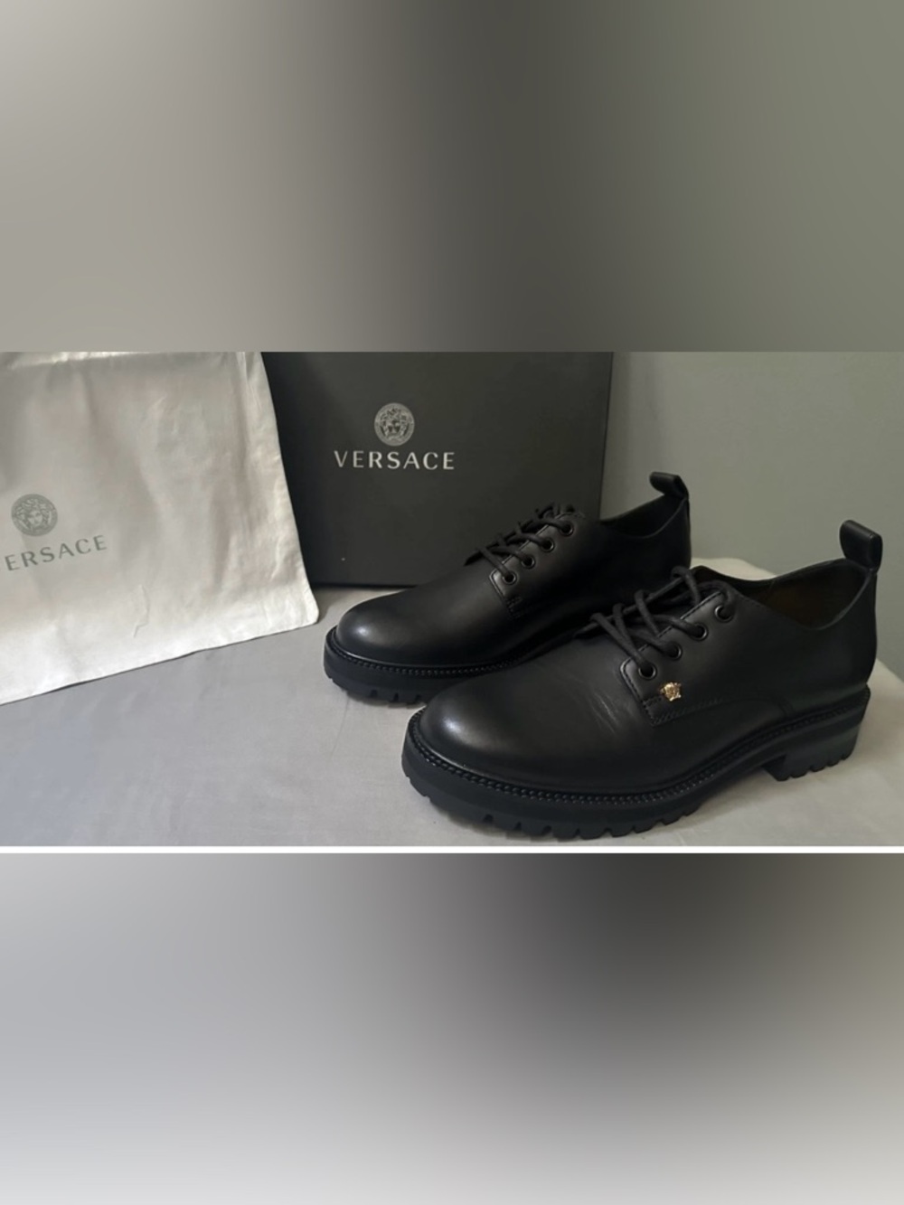 Versace Black Leather Derby Shoes with Gold Medusa Detail